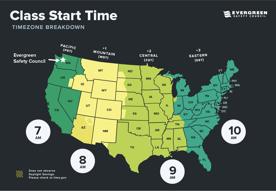 Map of class start time in various timezones
